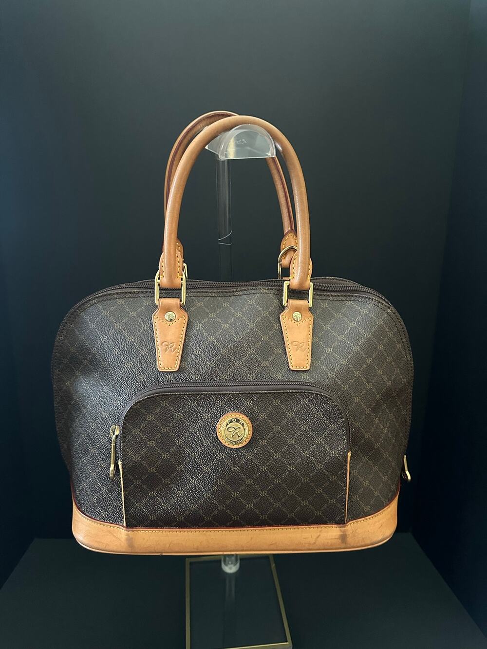 Rioni Moda Italia Signature Monogram Large Satchel Handbag Brown Tan Leather